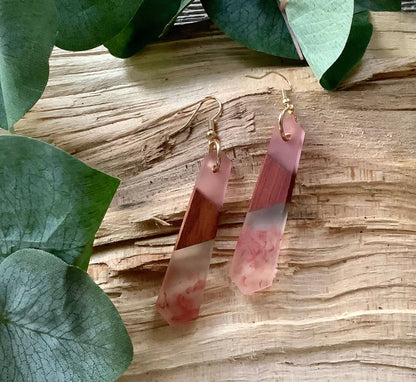 Earrings, dangle earrings, bar resin wood earrings: Faded pink