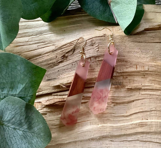 Earrings, dangle earrings, bar resin wood earrings: Faded pink