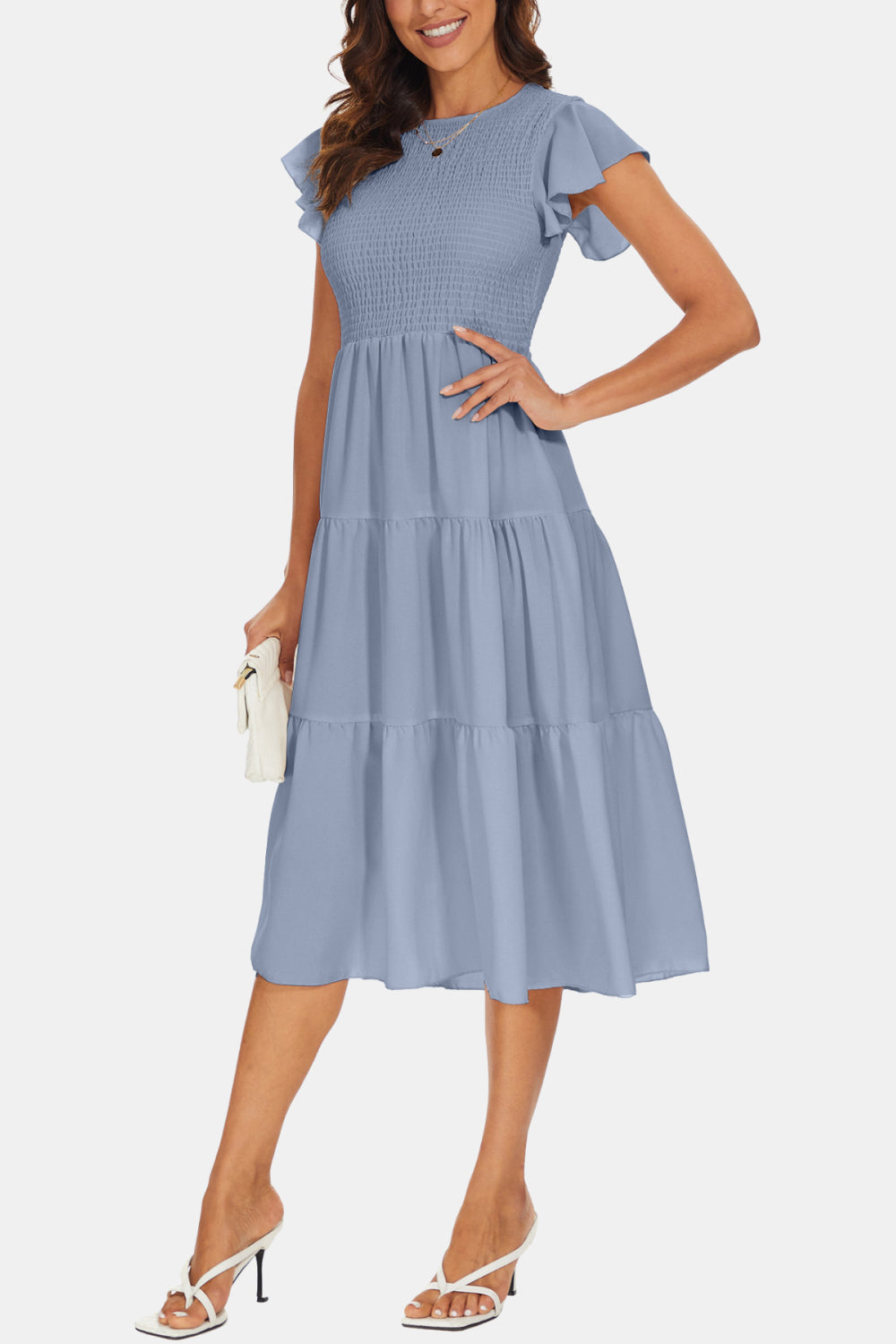 Round Neck Smocked Flutter Sleeve Tiered Dress