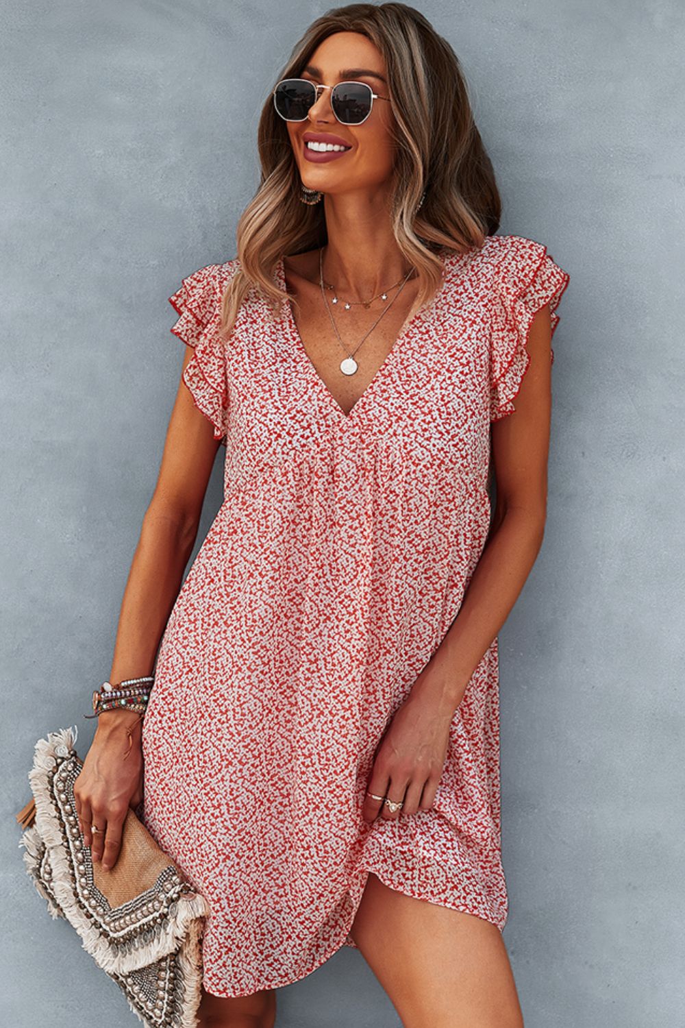Printed V-Neck Flutter Sleeve Dress