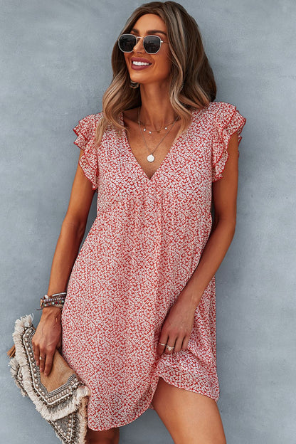 Printed V-Neck Flutter Sleeve Dress