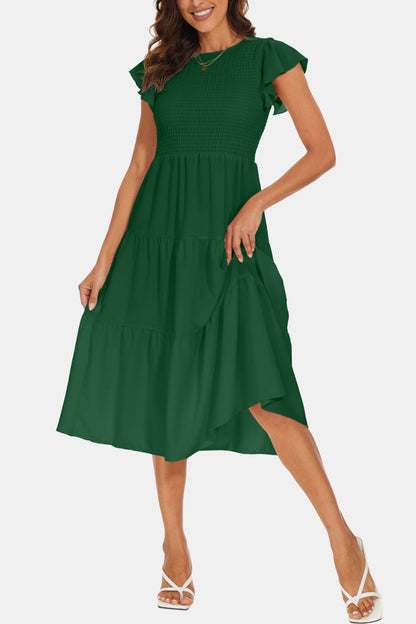 Round Neck Smocked Flutter Sleeve Tiered Dress