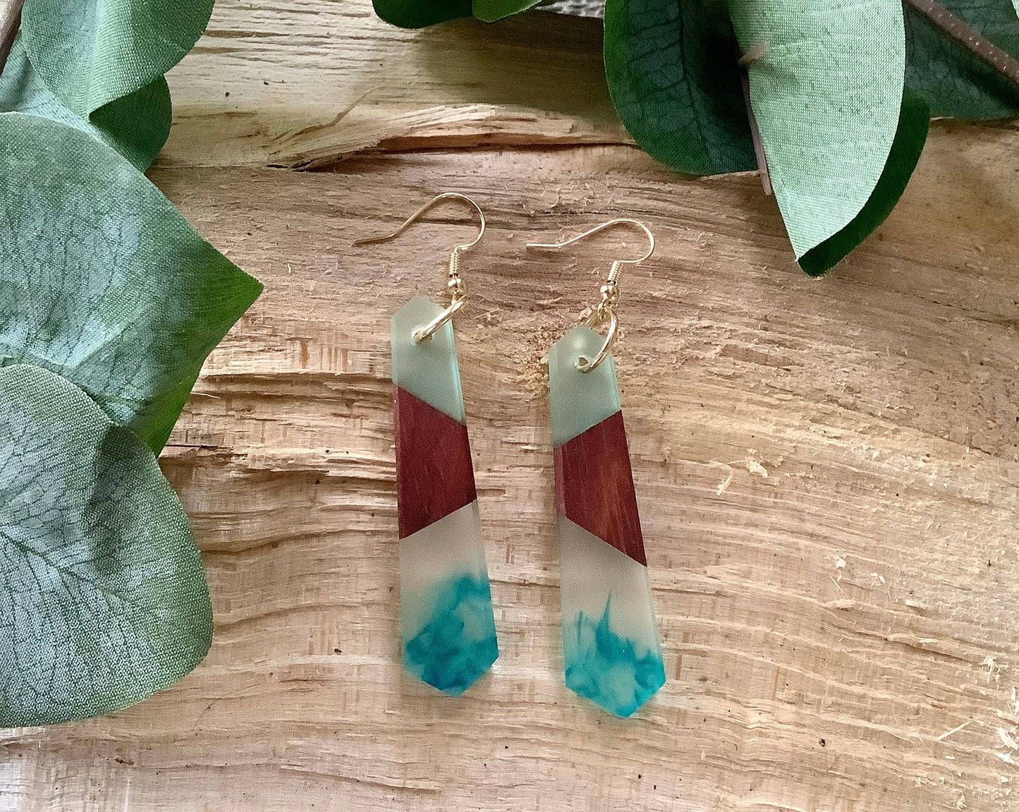 Earrings, dangle earrings, bar resin wood earrings: Blue