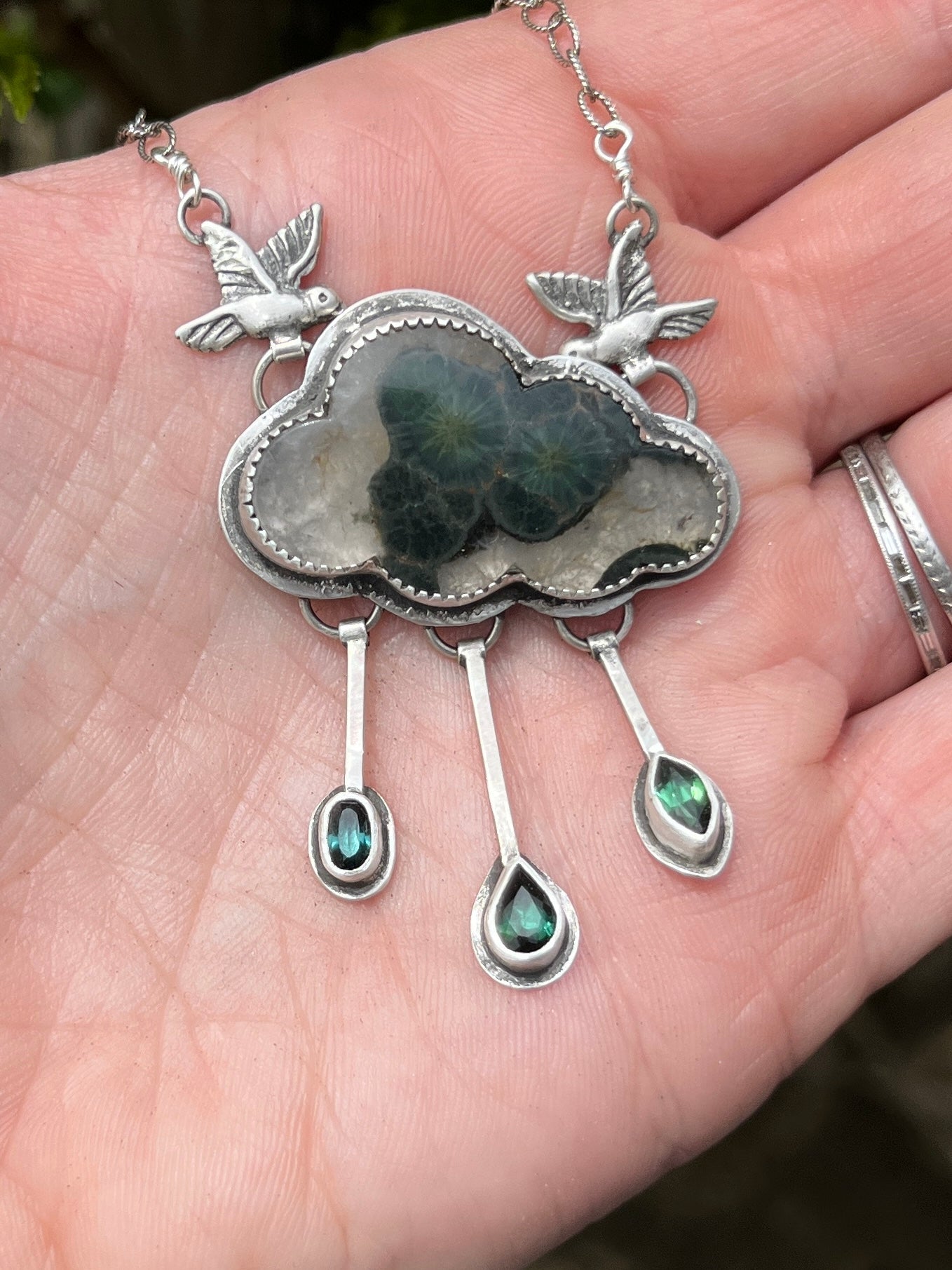 Green Cloud Necklace with Tourmaline Raindrops