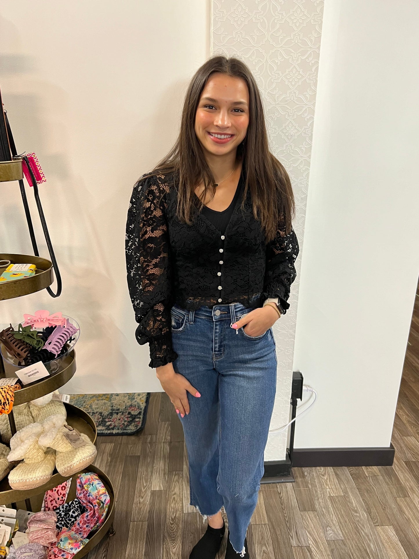 Lace Button Down Long Sleeve Crop Top