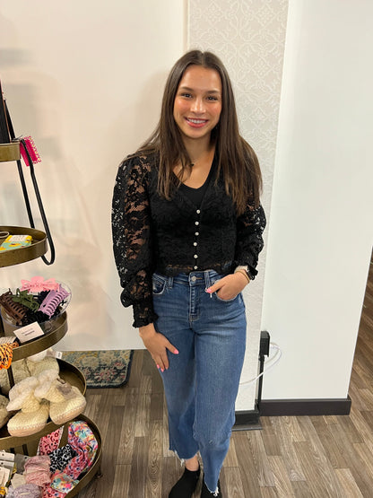 Lace Button Down Long Sleeve Crop Top