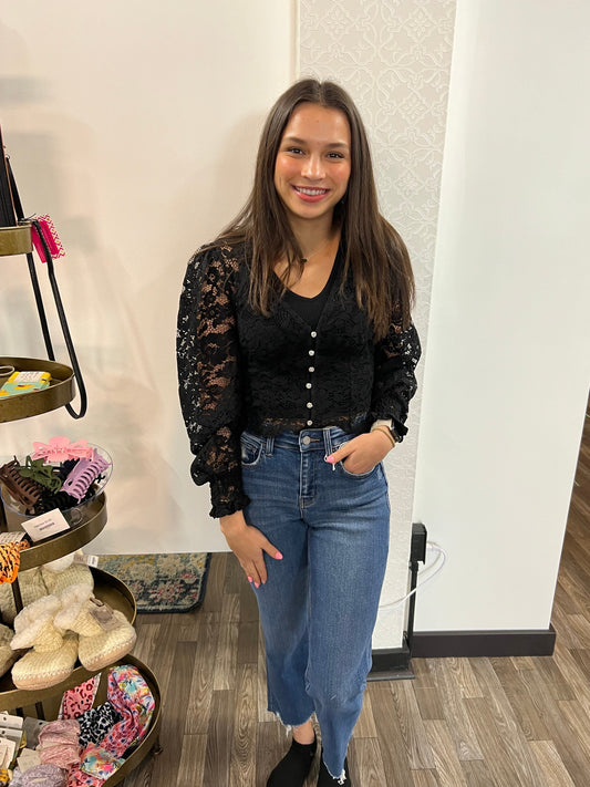 Lace Button Down Long Sleeve Crop Top