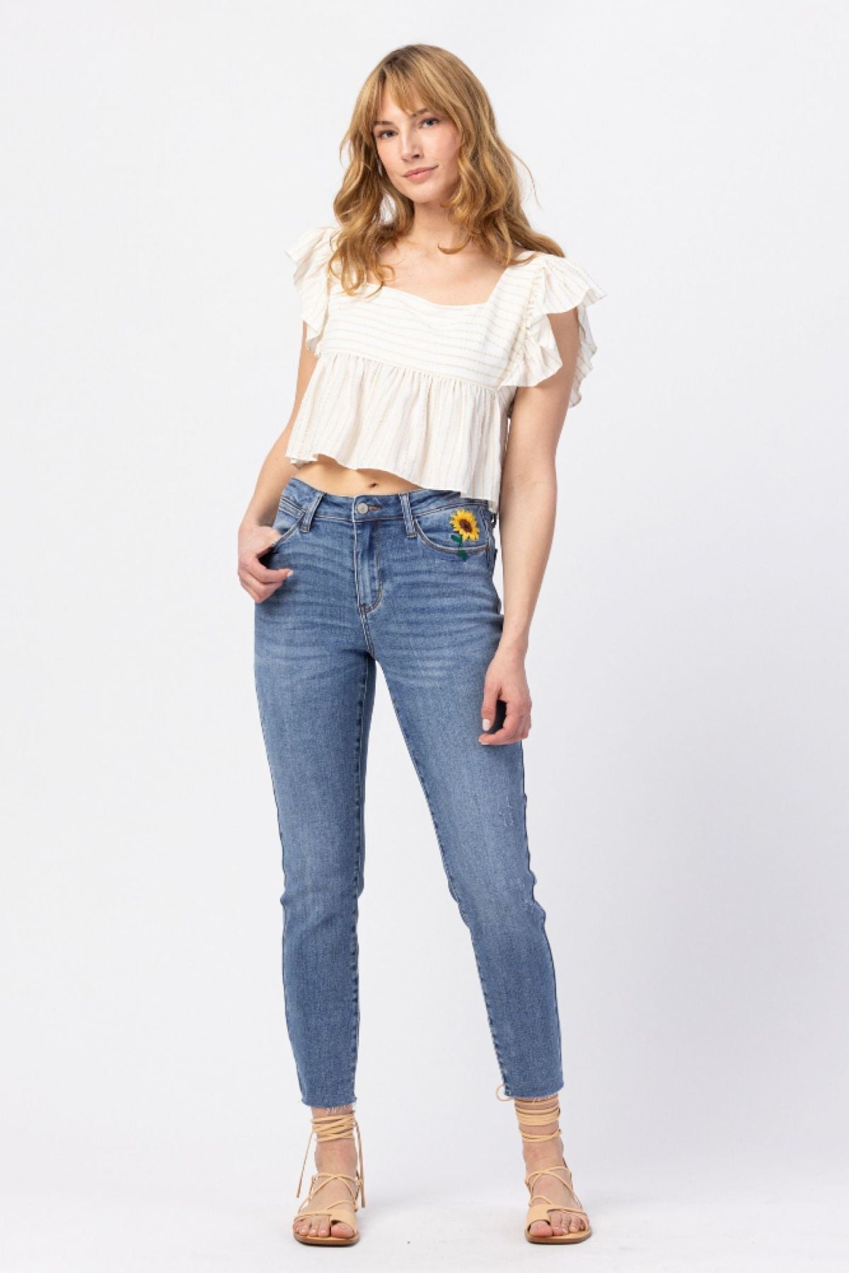 Judy Blue High Rise Relaxed Sunflower Embroidery Jeans