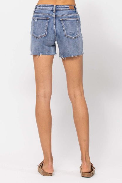 Judy Blue Mid-Rise Serape Patch Cut-Off Denim Shorts