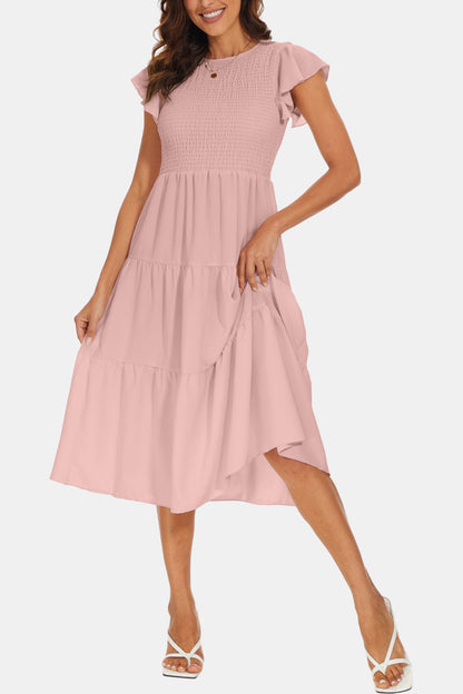 Round Neck Smocked Flutter Sleeve Tiered Dress