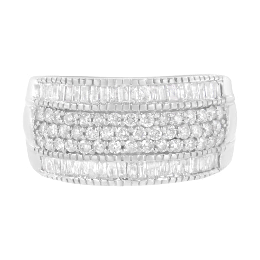 .925 Sterling Silver 1Cttw Multi-Row Round And Baguette-Cut Diamond Modern Band Ring (I2-I3 Clarity, H-I Color) - Size 7