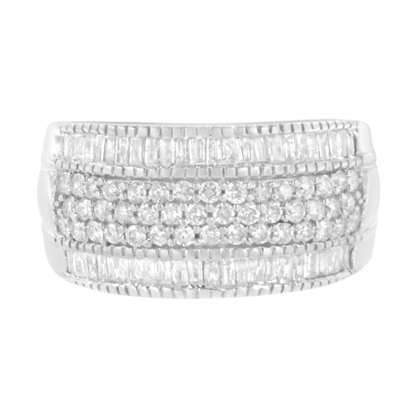 .925 Sterling Silver 1Cttw Multi-Row Round And Baguette-Cut Diamond Modern Band Ring (I2-I3 Clarity, H-I Color) - Size 8