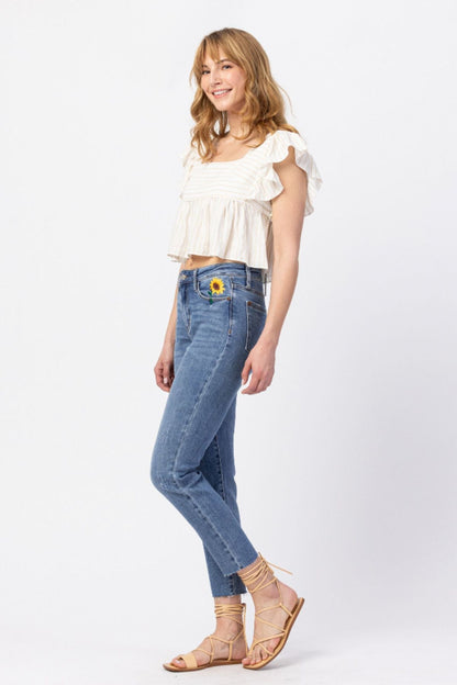 Judy Blue High Rise Relaxed Sunflower Embroidery Jeans
