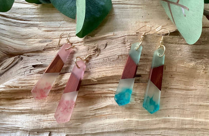 Earrings, dangle earrings, bar resin wood earrings: Faded pink