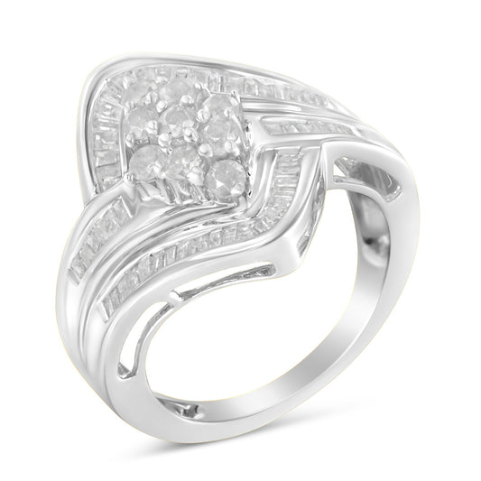 .925 Sterling Silver 1.0 Cttw Round & Baguette Cut Diamond Bypass Faux-Wrap Cluster Engagement Or Cocktail Ring (I-J Color, I2-I3 Clarity) - Size 8