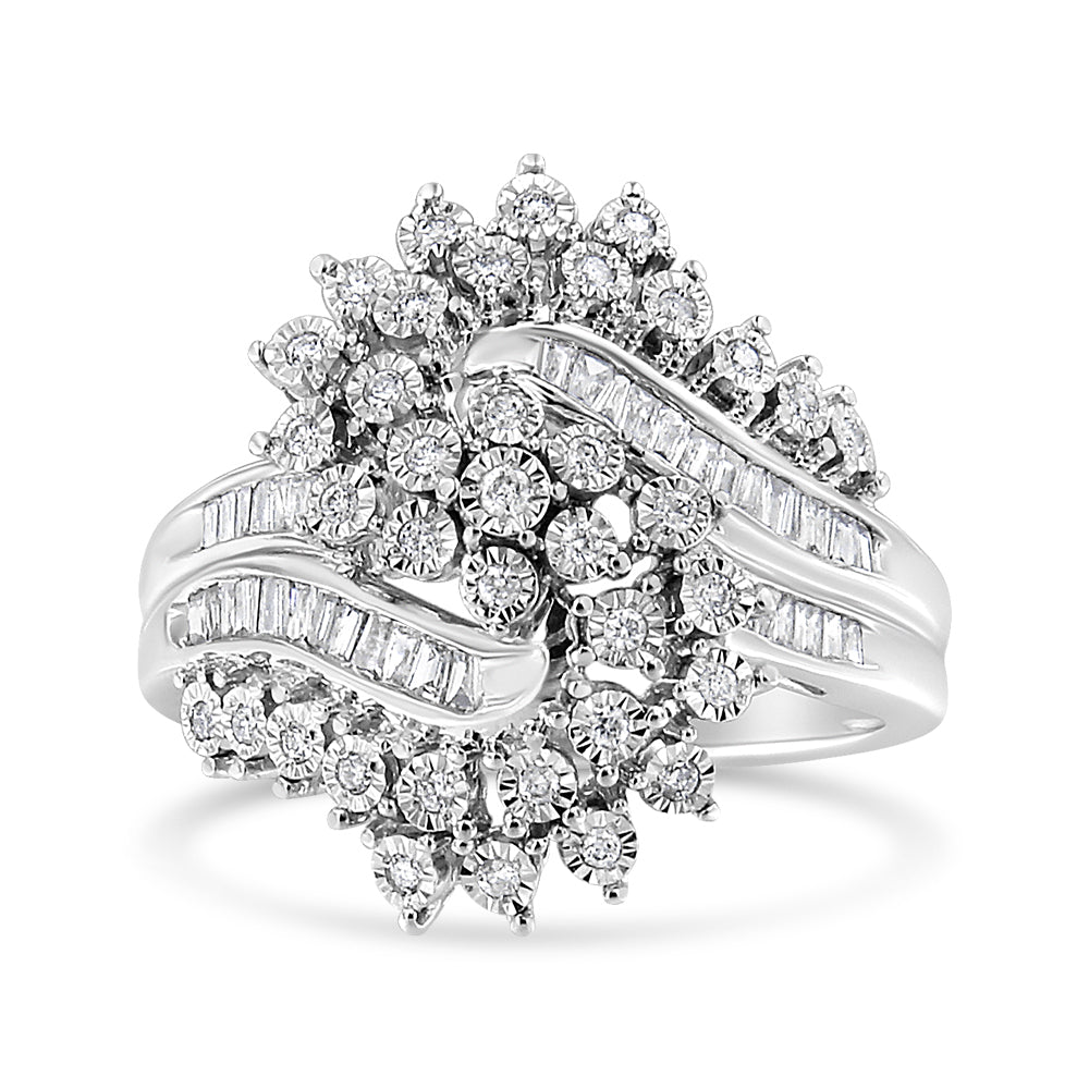10K White Gold 1/2 Cttw Round And Baguette-Cut "S" Shaped Bypass Cocktail Ring (I-J Color, I1-I2 Clarity) - Size 7