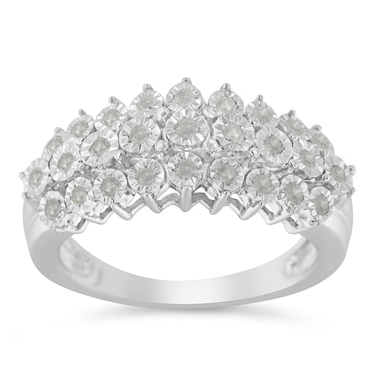 .925 Sterling Silver ¼ Cttw Miracle-Set Diamond Three Row Stair Stepped Fluted Modern Band Ring (I-J Color, I2-I3 Clarity) - Size 7-1/2