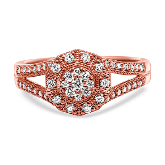 14K Rose Gold Plated .925 Sterling Silver 1/2 Cttw Pave Diamond Halo Cluster Split Shank Cocktail Ring (I-J Color, I1-I2 Clarity) - Size 7