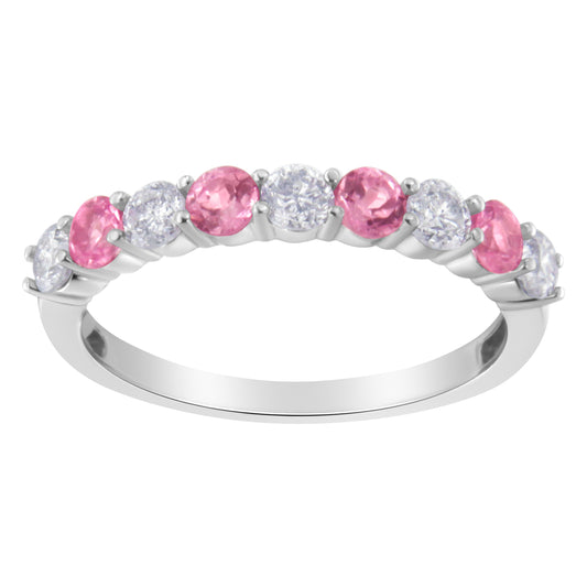 10Kt White Gold Diamond And 3Mm Created Pink Sapphire Gemstone Band Ring (1/2 Cttw, H-I Color, I1-I2 Clarity) - Size 7