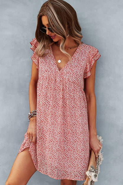 Printed V-Neck Flutter Sleeve Dress