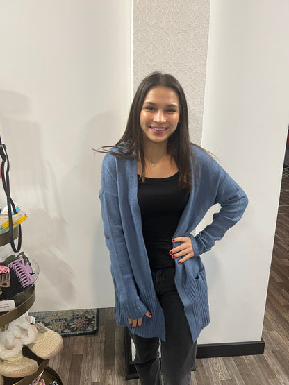 Women's Blue Long Sleeve Open Front with Pocket Sweater Cardigan