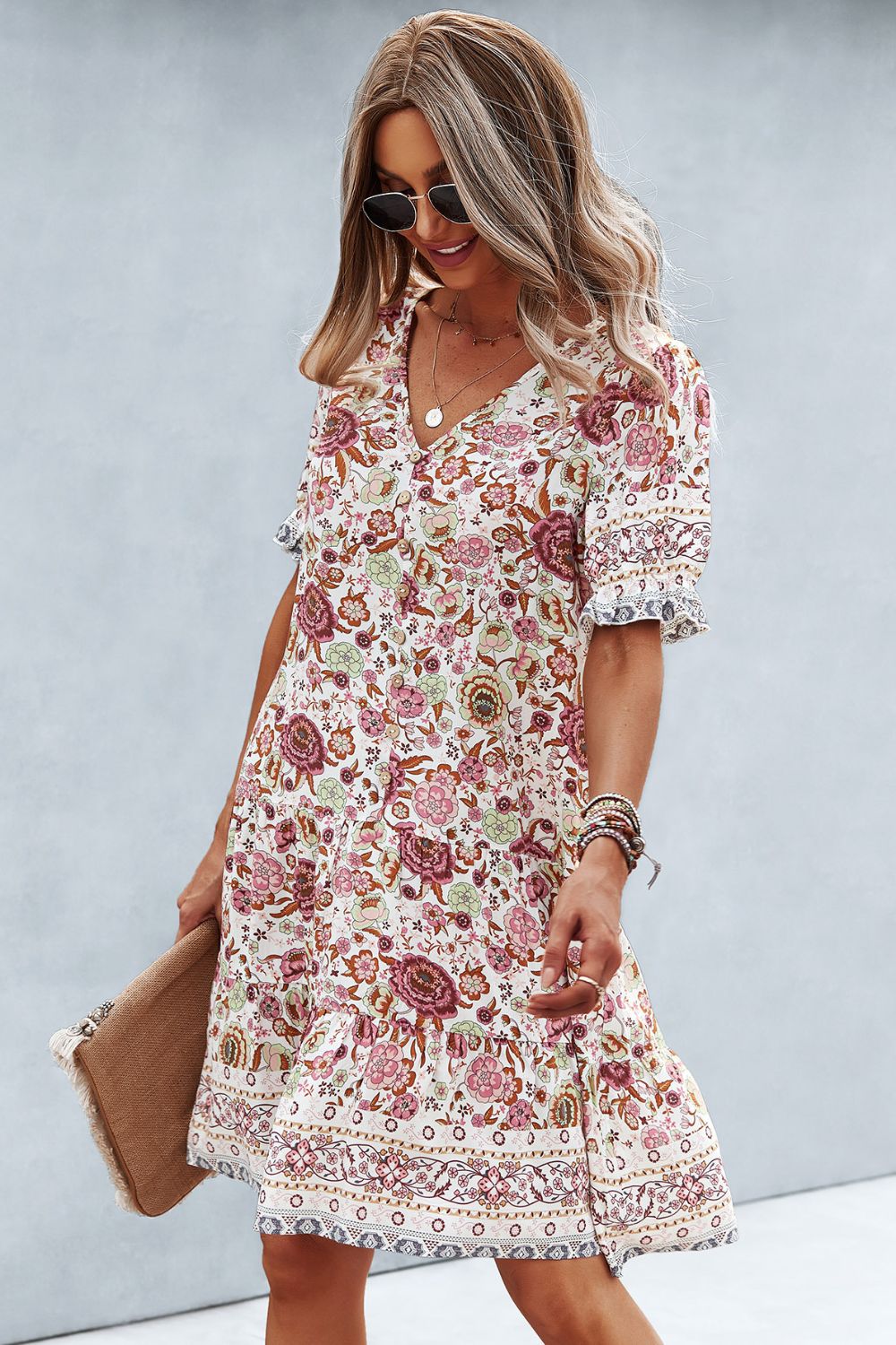 Floral V-Neck Flounce Sleeve Dress