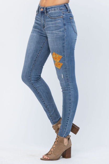 Judy Blue Full Size Mid-Rise Orange Floral Patch Skinny Jeans
