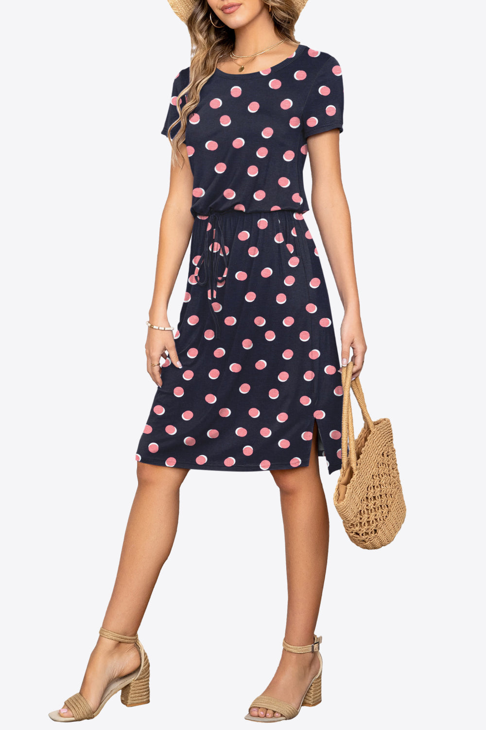 Round Neck Short Sleeve Slit Dress With Pockets