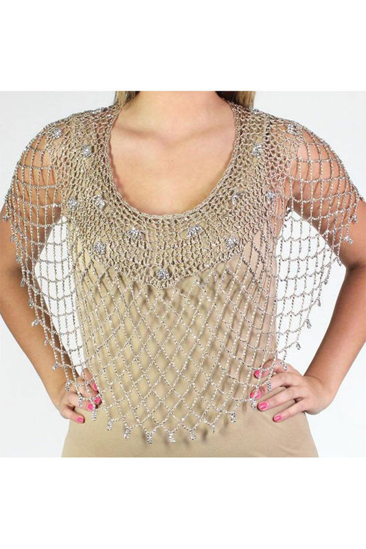 Elegant Silver Beaded Poncho in Champagne