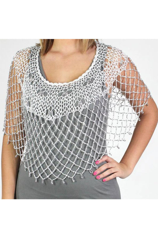 Elegant Silver Beaded Poncho in White