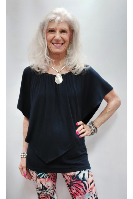 Convertible Elasticized Neckline Top - Navy