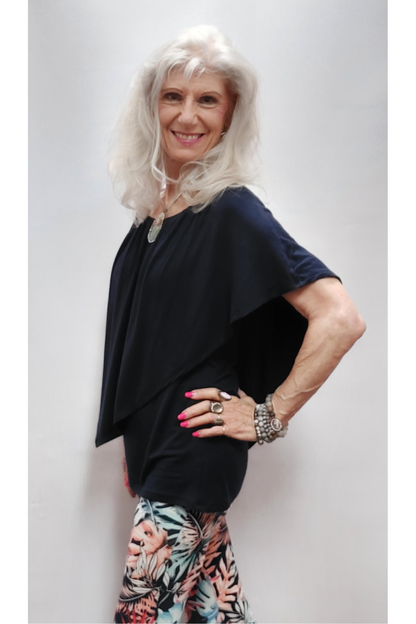 Convertible Elasticized Neckline Top - Navy