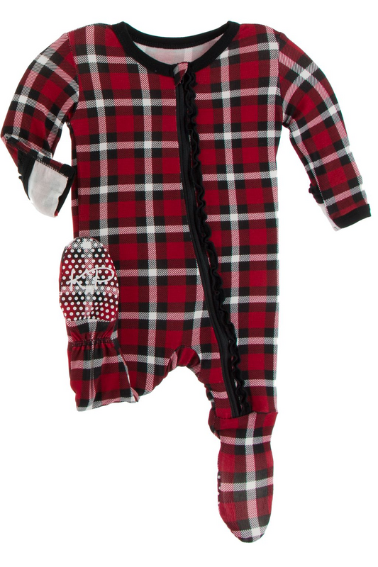 Crimson Plaid Muffin Ruffle Zipper Footie
