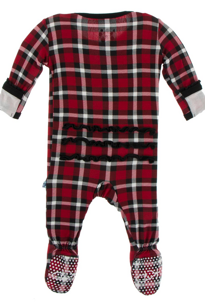 Crimson Plaid Muffin Ruffle Zipper Footie