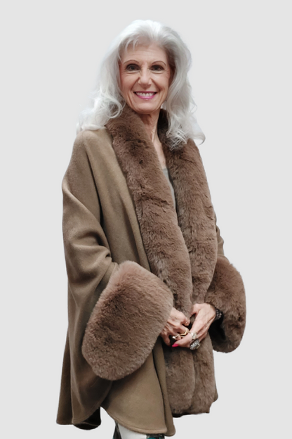 Knit Cape/Poncho Trimmed in Luxurious Faux Fur