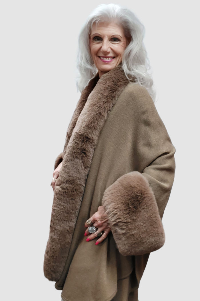 Knit Cape/Poncho Trimmed in Luxurious Faux Fur