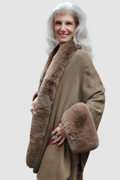 Knit Cape/Poncho Trimmed in Luxurious Faux Fur