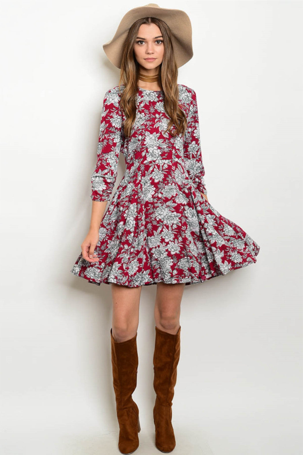 Floral Prints Burgundy Dress