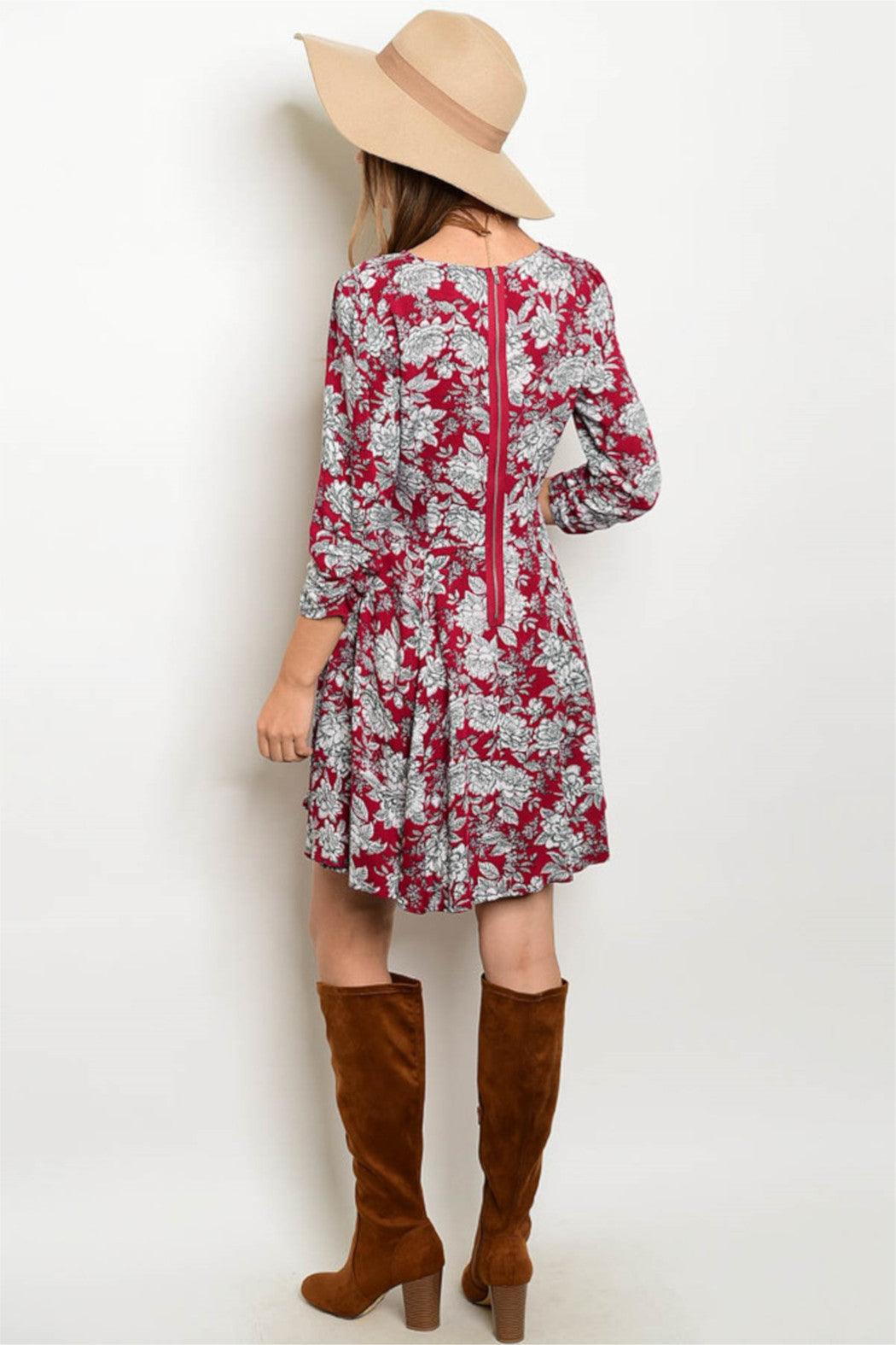 Floral Prints Burgundy Dress