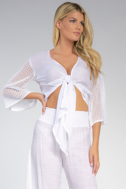 TIE FRONT CROCHET SLEEVE TOP