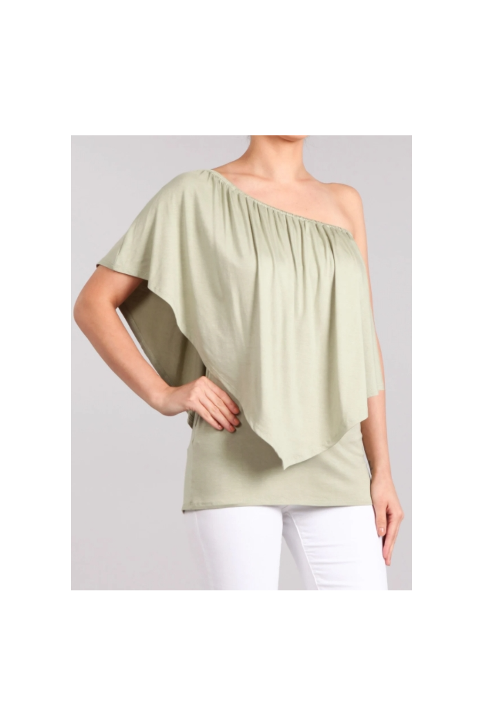 Convertible Elasticized Neckline Top - Sage