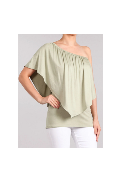 Convertible Elasticized Neckline Top - Sage
