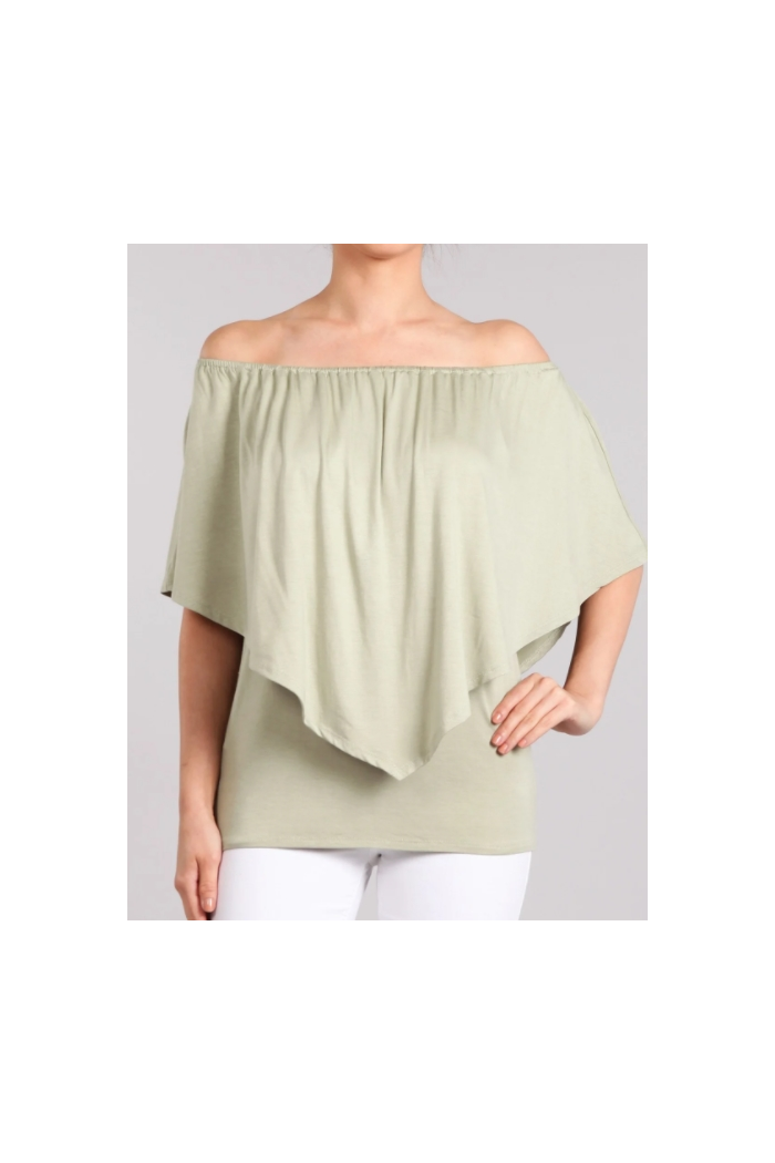 Convertible Elasticized Neckline Top - Sage