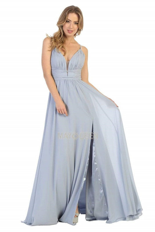 Dusty Blue Ruched A-Line Formal Long Dress