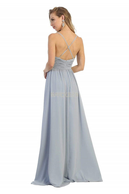 Dusty Blue Ruched A-Line Formal Long Dress