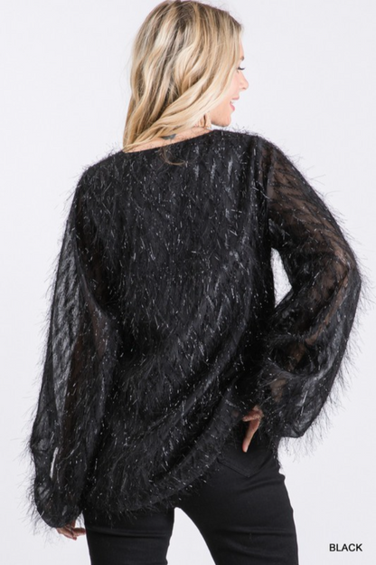 All Over Tinsel Fringe Bubble Sleeve Top