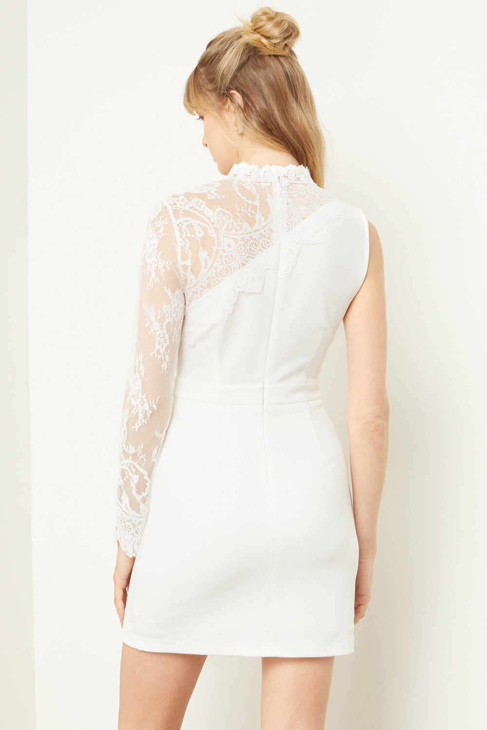 Solid Mock Neck Lace One Sleeve Dress