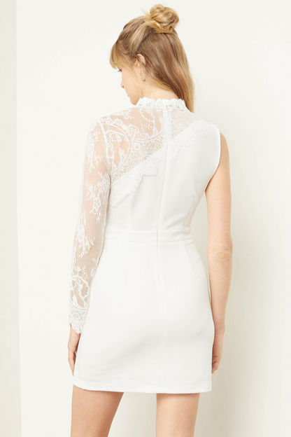 Solid Mock Neck Lace One Sleeve Dress