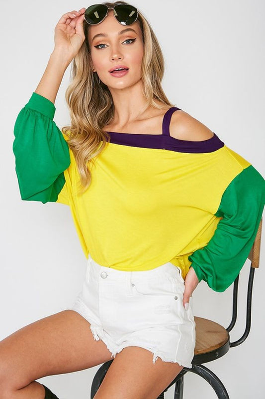 Mardi Gras Cold Shoulder Top