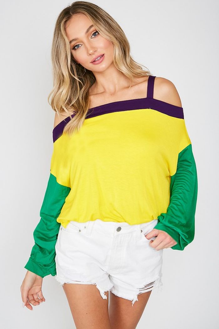 Mardi Gras Cold Shoulder Top